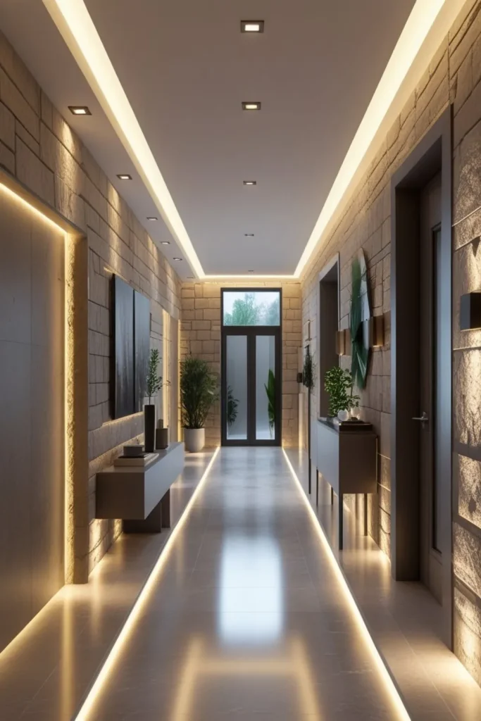 Rugged Elegance with Textured Stone Walls and LED Accents