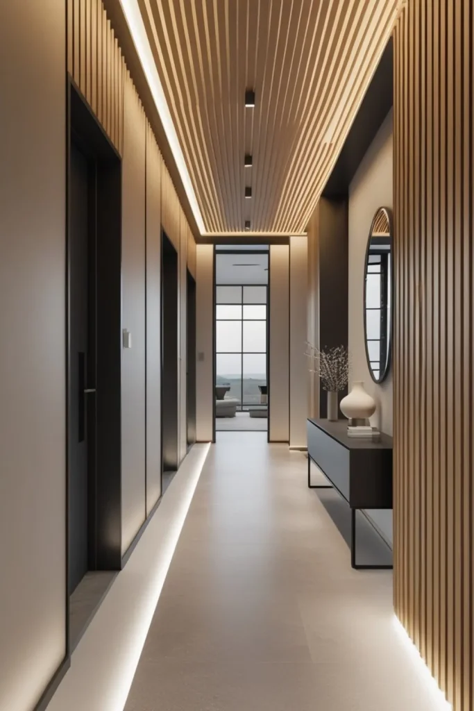 Modern Harmony with Vertical Wood Slats and Metal Details