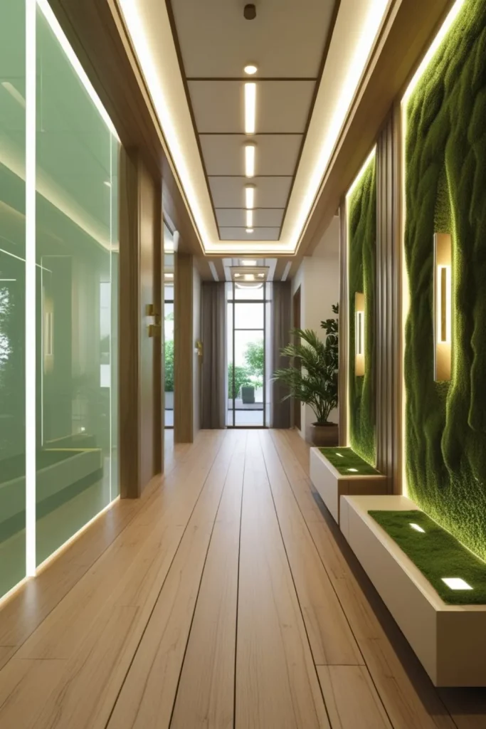 Eco-Friendly Hallway with Sustainable Materials and Futuristic Fixtures