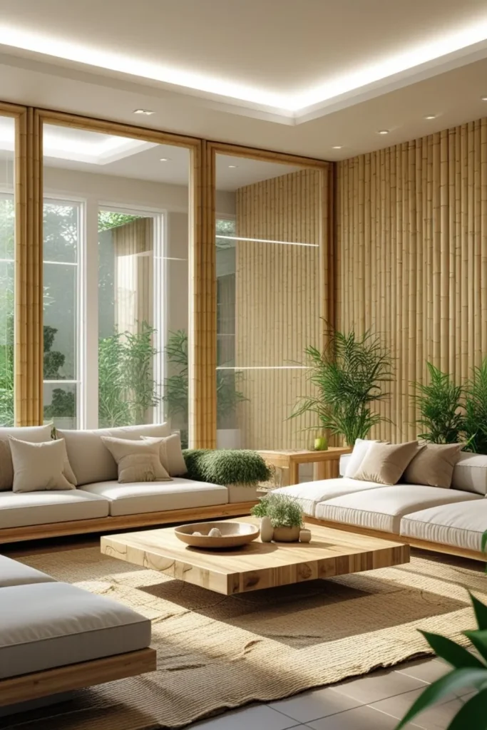 Electric Living Room Design Ideas with Natural Textures Smart Glass Dividers Framed in Sustainable Bamboo