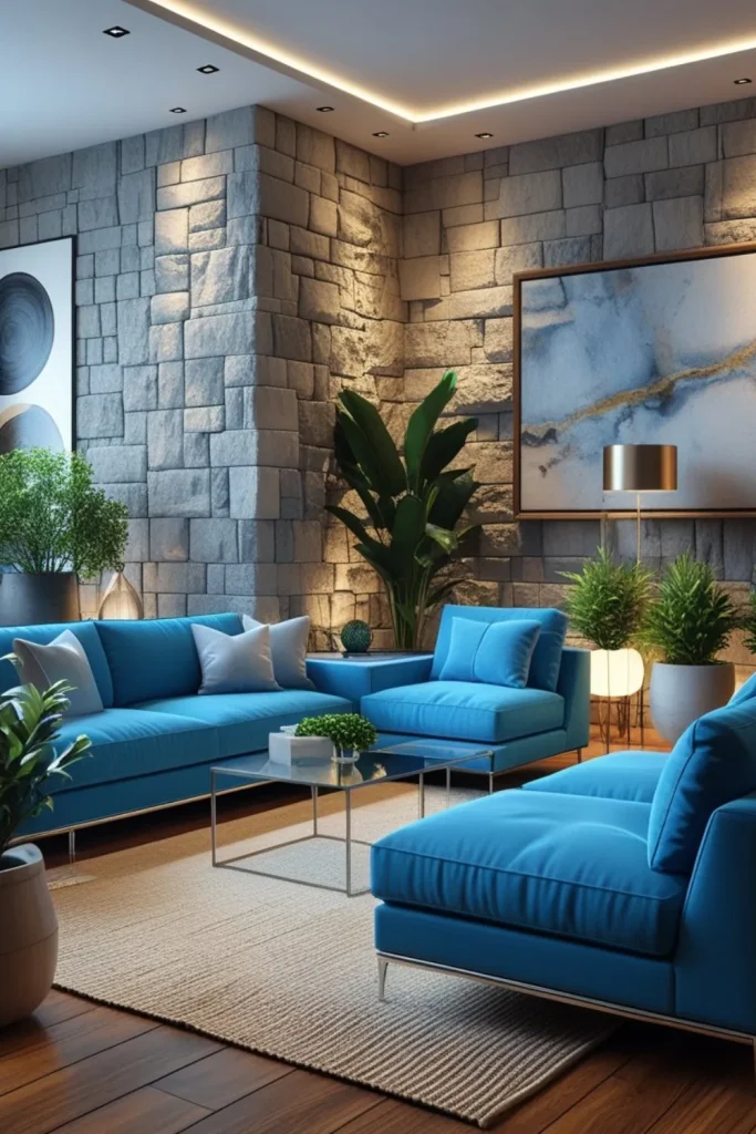 Electric Living Room Design Ideas with Natural Textures Electric Blue Seating Against Textured Stone Walls