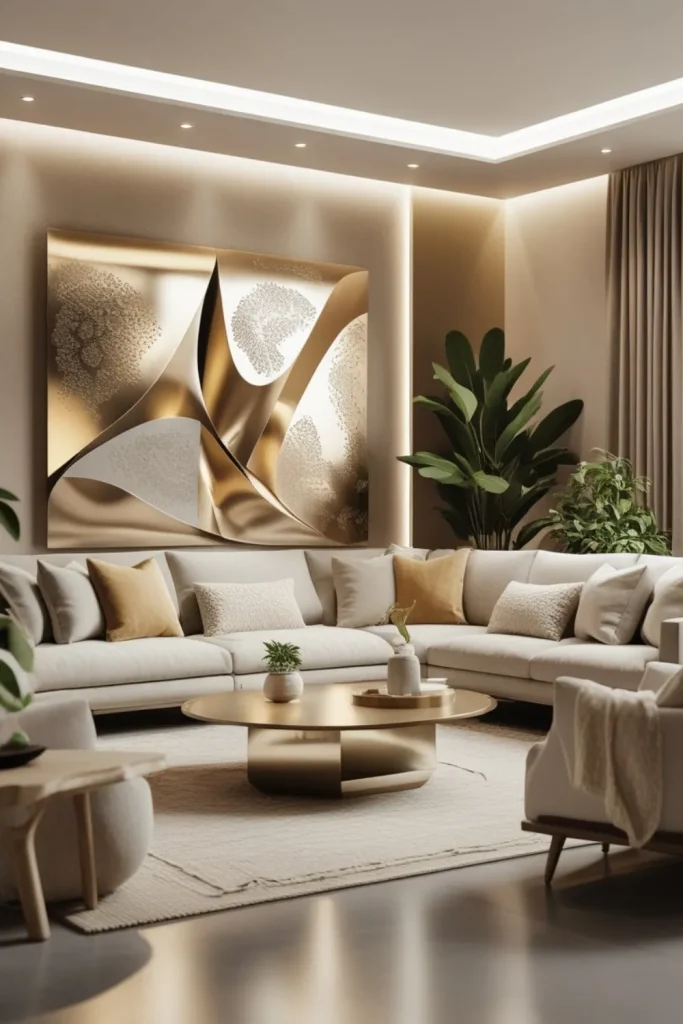 Electric Living Room Design Ideas with Natural Textures Metallic Wall Sculptures Complemented by Linen Upholstered Seating