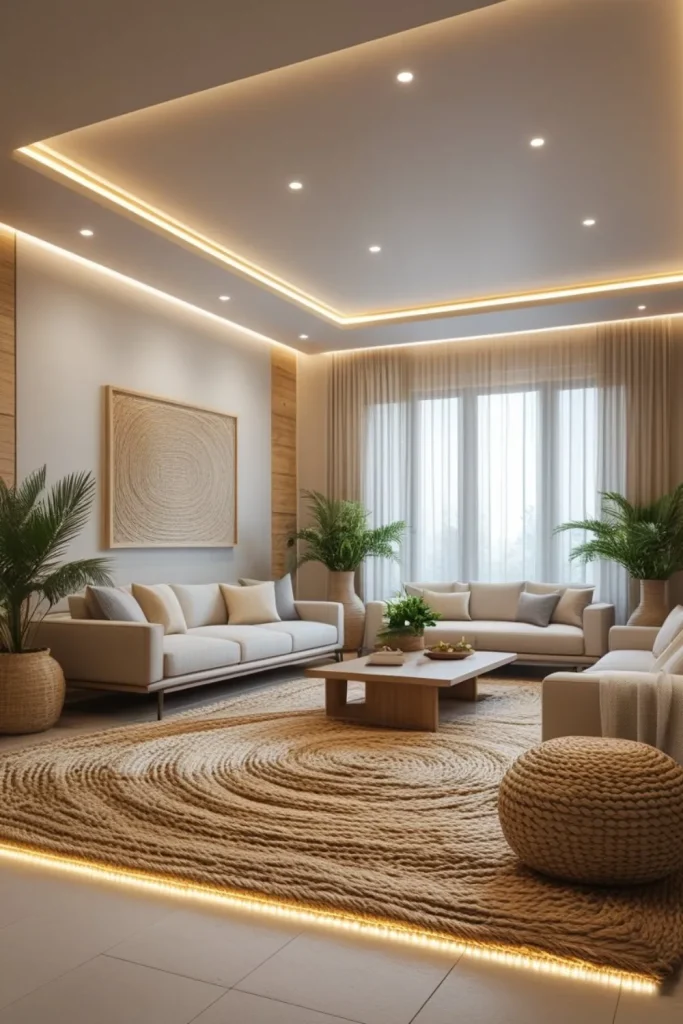 Electric Living Room Design Ideas with Natural Textures Subtle LED Strip Lighting Paired with Natural Jute Rugs