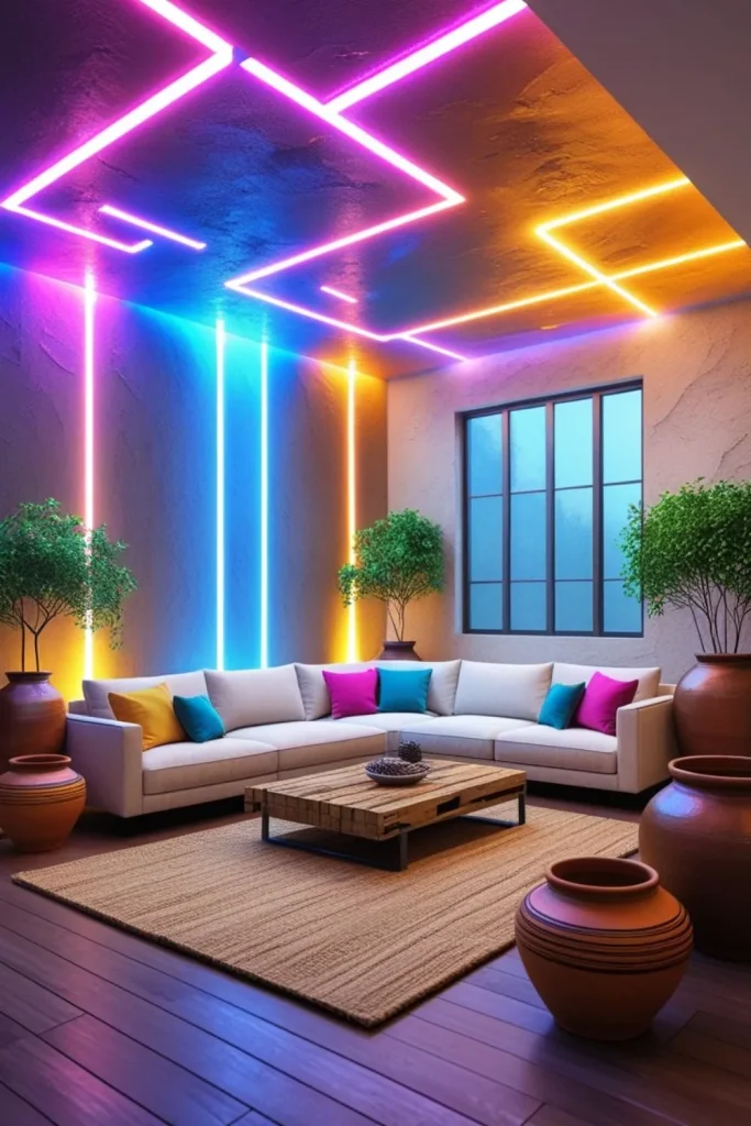 Electric Living Room Design Ideas with Natural Textures Dynamic Colored Lighting Paired with Terracotta Pot Accents