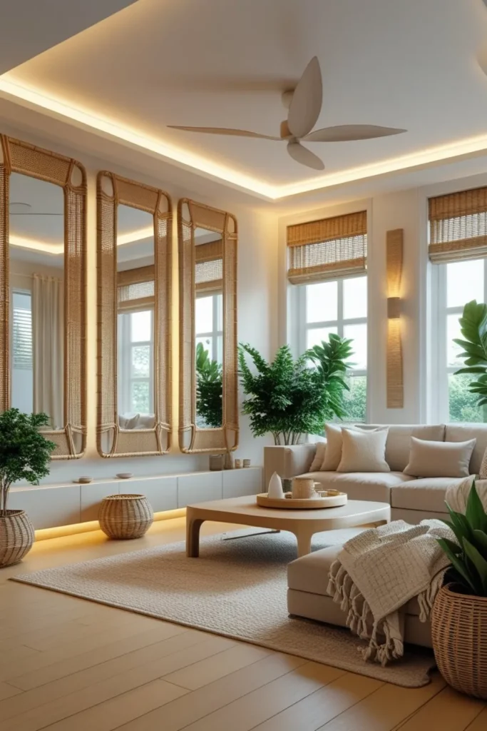Electric Living Room Design Ideas with Natural Textures Reflective Mirror Panels Framed with Rattan