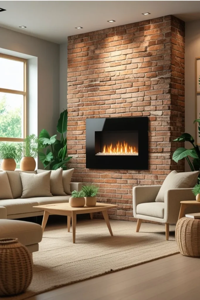 Electric Living Room Design Ideas with Natural Textures Modern Digital Fireplaces Set Against Exposed Brick