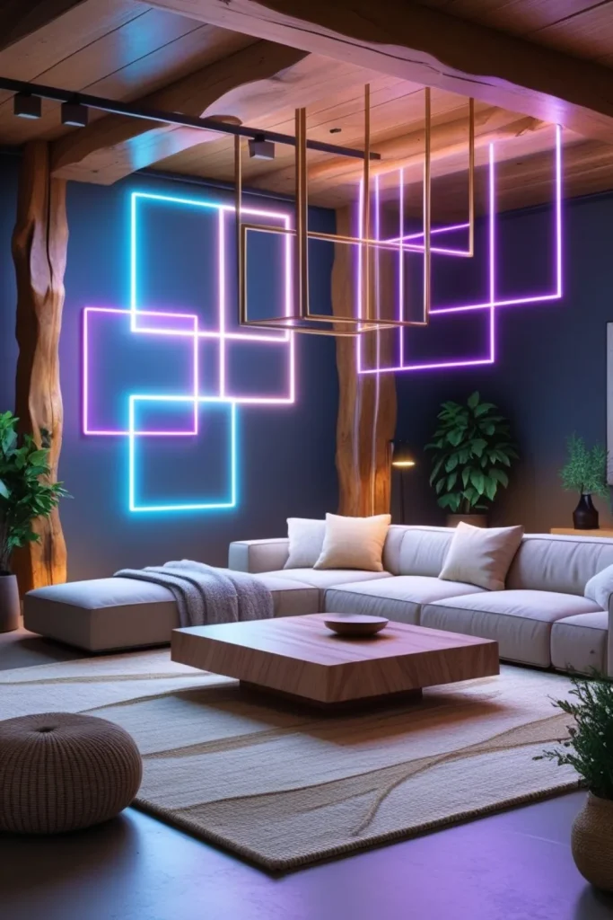 Electric Living Room Design Ideas with Natural Textures Geometric Neon Frames Suspended Over Exposed Wooden Beams