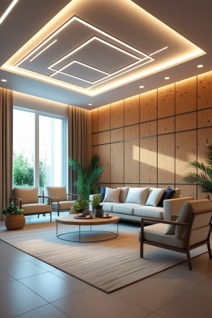 Electric Living Room Design Ideas with Natural Textures LED-Enhanced Ceilings Paired with Cork Wall Panels