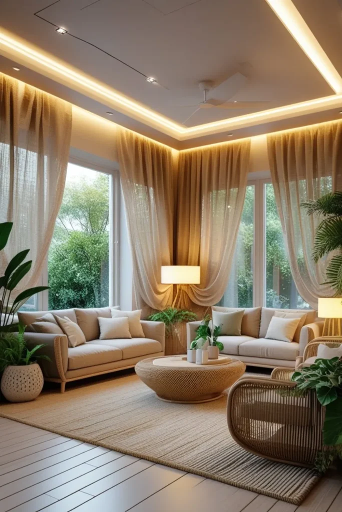 Electric Living Room Design Ideas with Natural Textures Adaptive Smart Lighting Paired with Natural Fiber Curtains