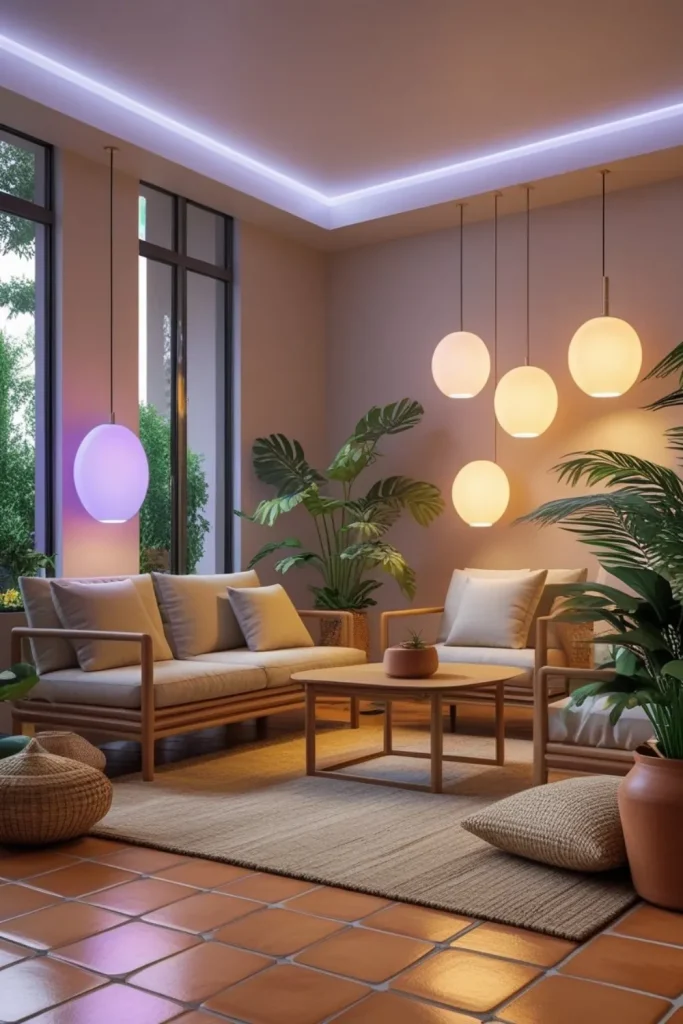 Electric Living Room Design Ideas with Natural Textures Color-Adaptive Lamps on Terracotta Tile Flooring