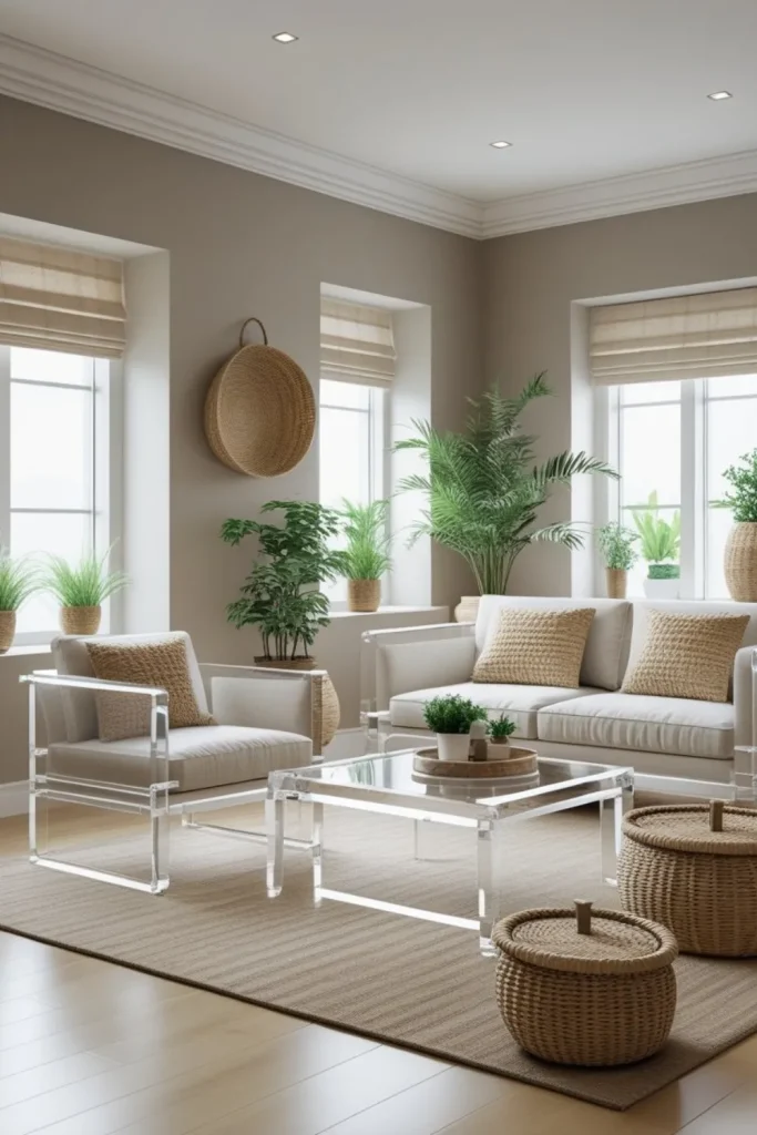 Electric Living Room Design Ideas with Natural Textures Transparent Acrylic Furniture Combined with Woven Storage Baskets