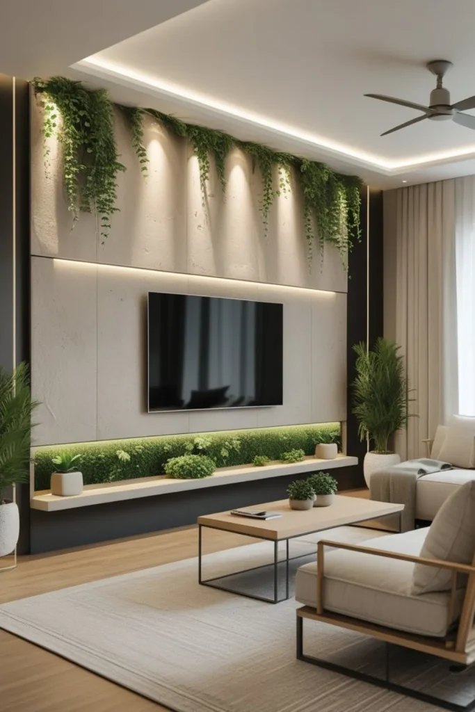 Electric Living Room Design Ideas with Natural Textures Digital Display Walls Surrounded by Lush Greenery