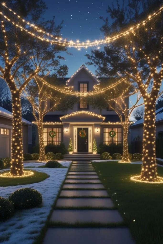 Twinkling LED Canopy Draped Over Trees