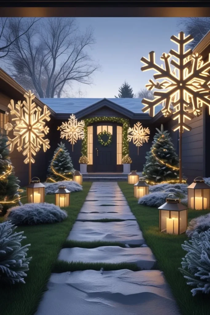 Oversized Metal Snowflakes with Gentle White Illumination