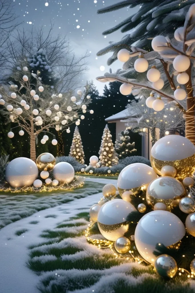 Elegant White and Gold Ornament Clusters Outdoors