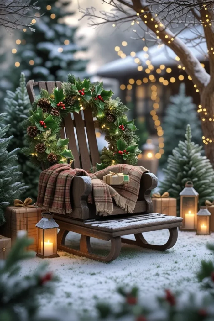 Nostalgic Vintage Sled Display with Seasonal Wreath and Textiles