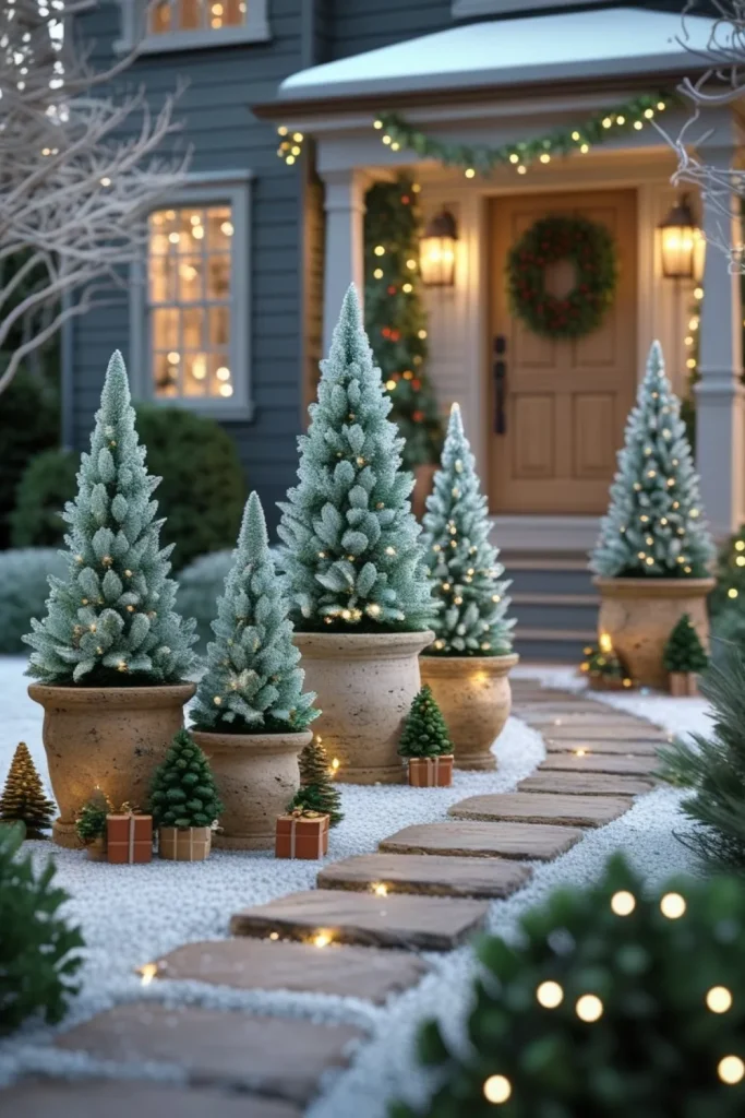 Frosted Topiary Trees in Stone Containers