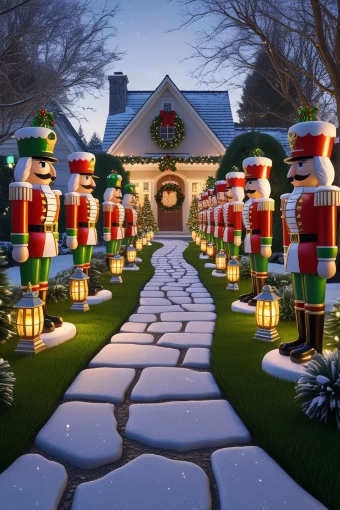 Playful Nutcracker Soldier Figures Along Pathways