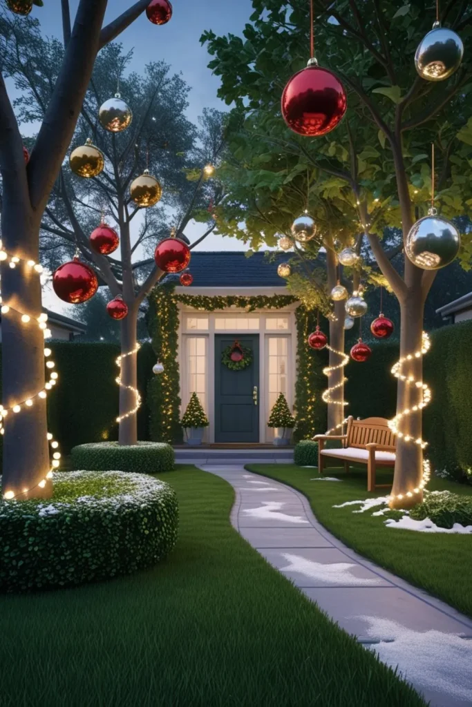 Oversized Hanging Baubles from Tree Branches