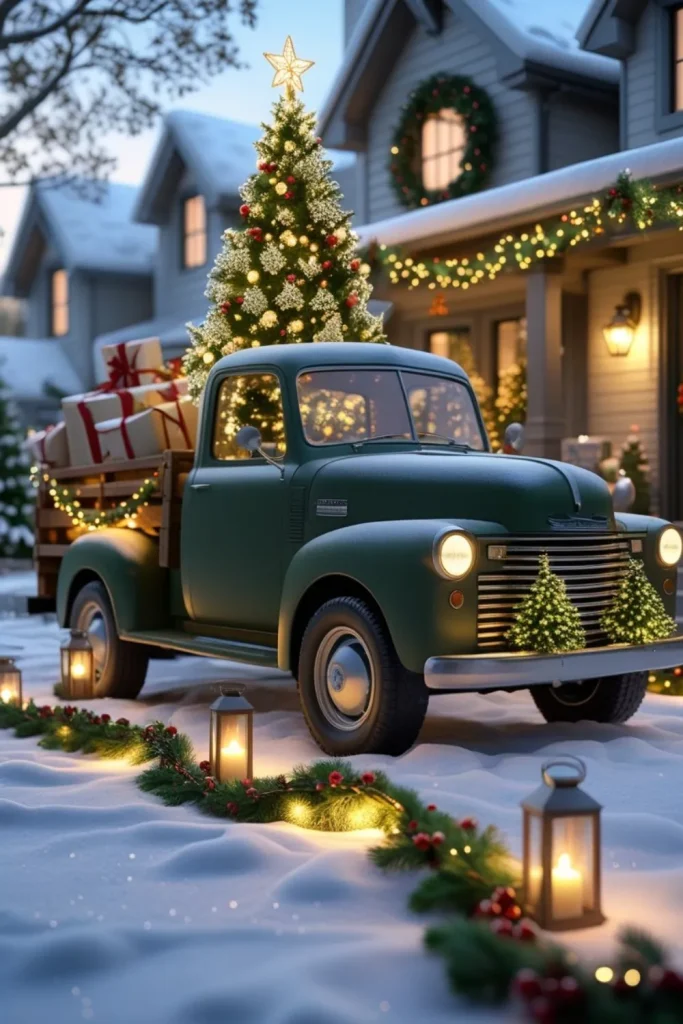 Rustic Vintage Truck or Wagon Filled with Tree and Lights
