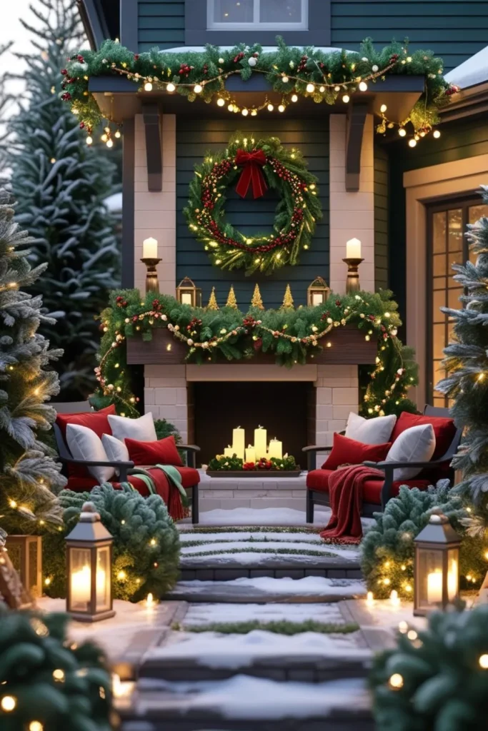Outdoor Fireplace Mantel Adorned with Evergreen Garlands