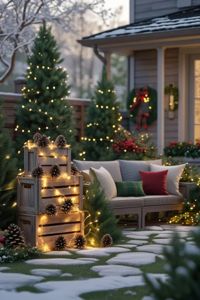 Rustic Wooden Crates Brimming with Pinecones and Fairy Lights