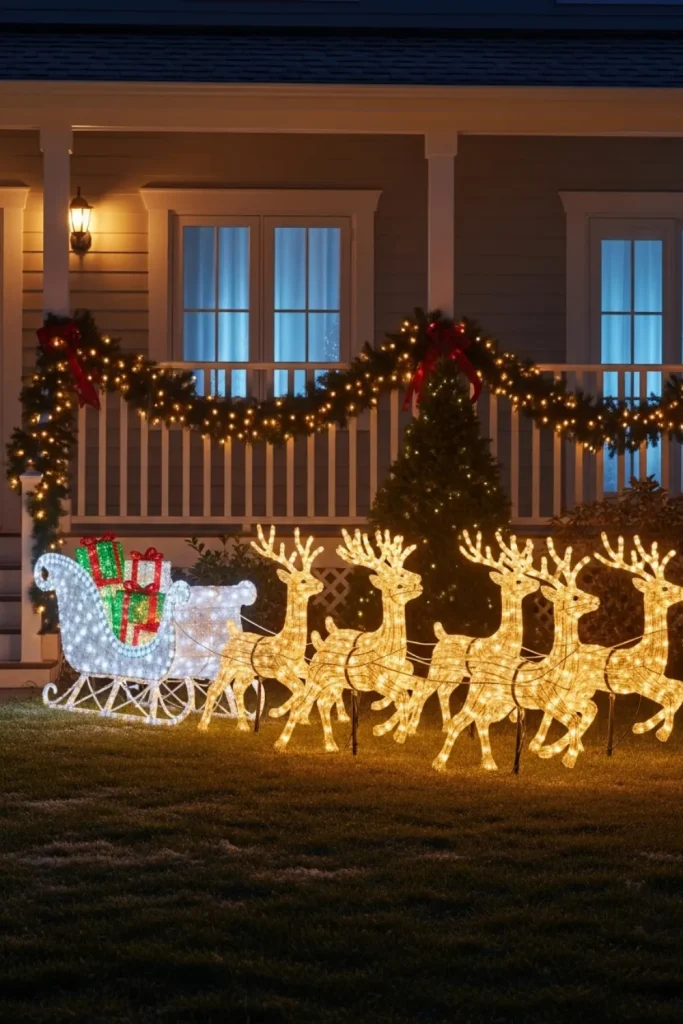 25 Christmas Lights Décor Ideas to Illuminate Your Holiday Classic Reindeer and Sleigh Light Display