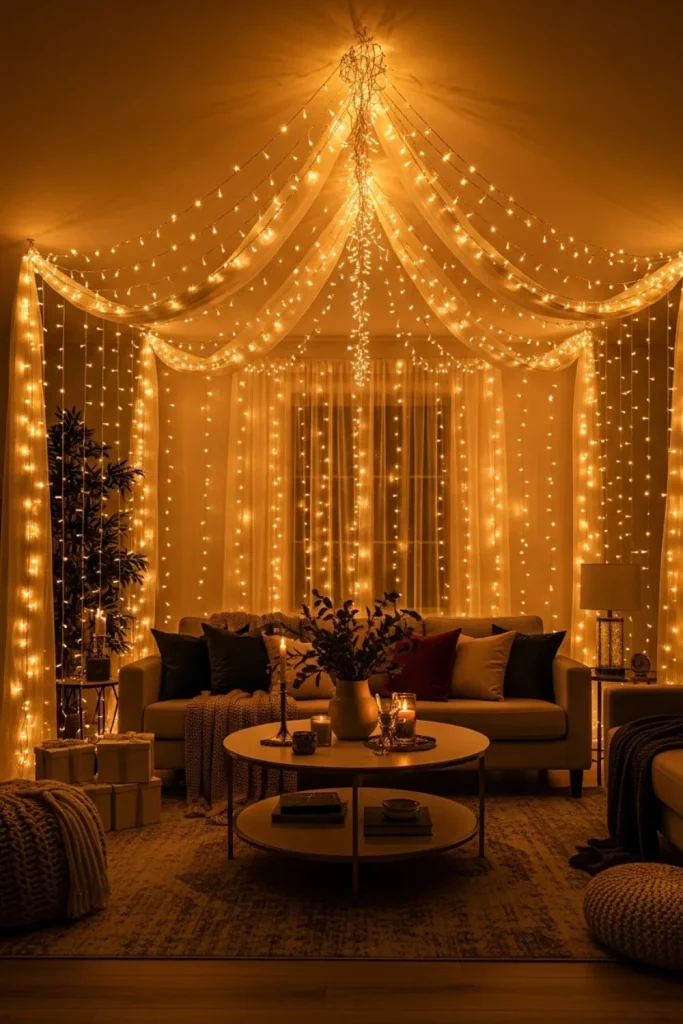 25 Christmas Lights Décor Ideas to Illuminate Your Holiday Dreamy Fairy Light Ceiling Canopy