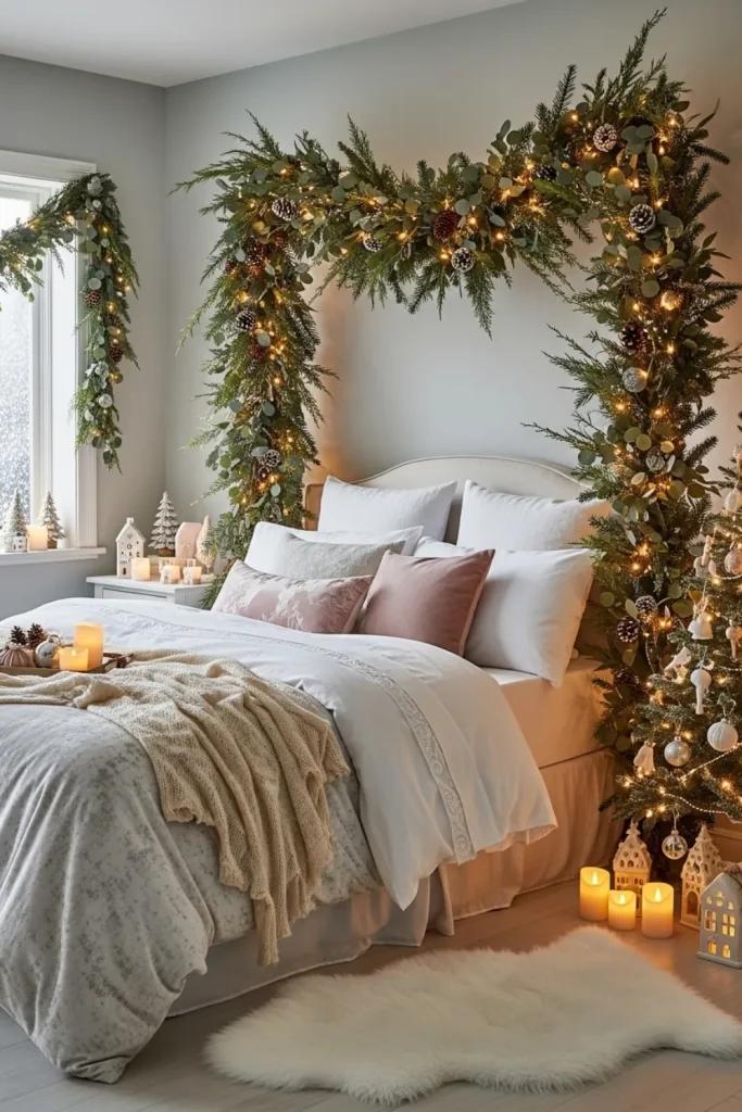 Garland on Headboard Evergreen Garland Draped on Headboard