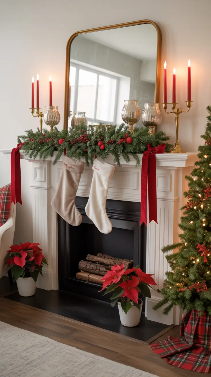 Red Accent Christmas Mantle