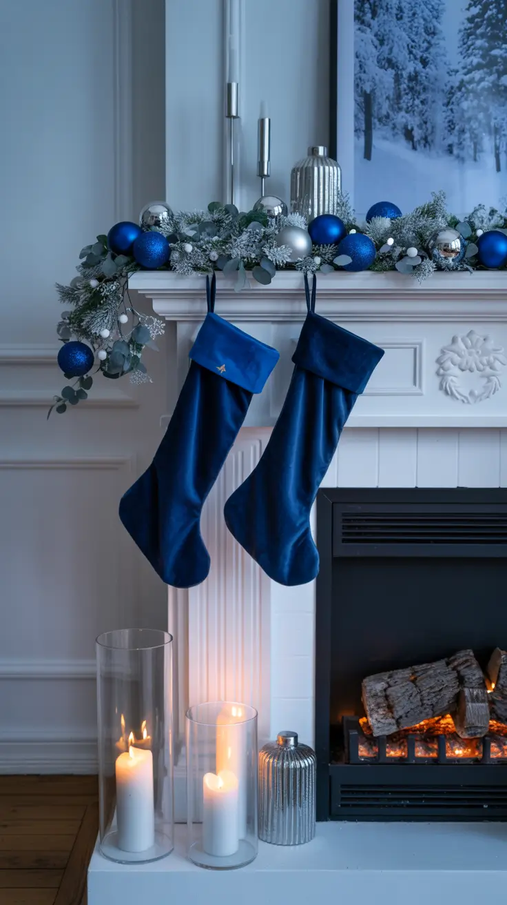 Blue and Silver Christmas Mantle Decor