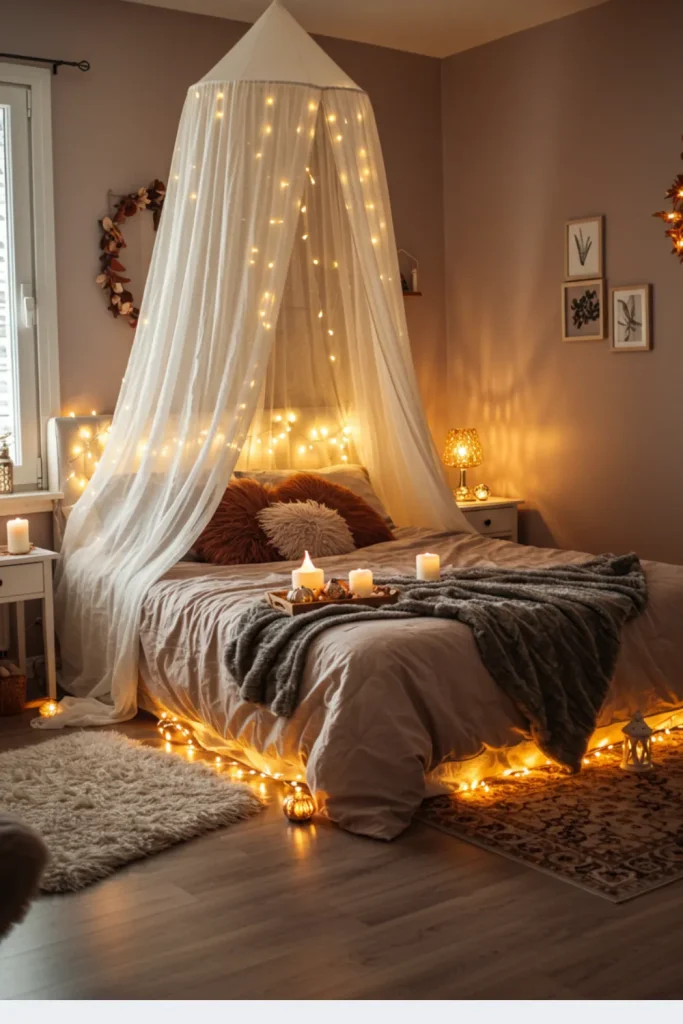 Fairy Lights + Drape Canopy Over the Bed