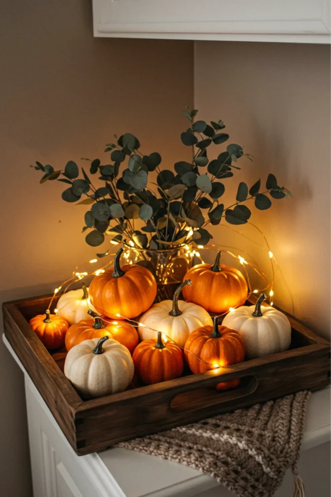 Mini Pumpkin Cluster with Eucalyptus and Fairy Lights