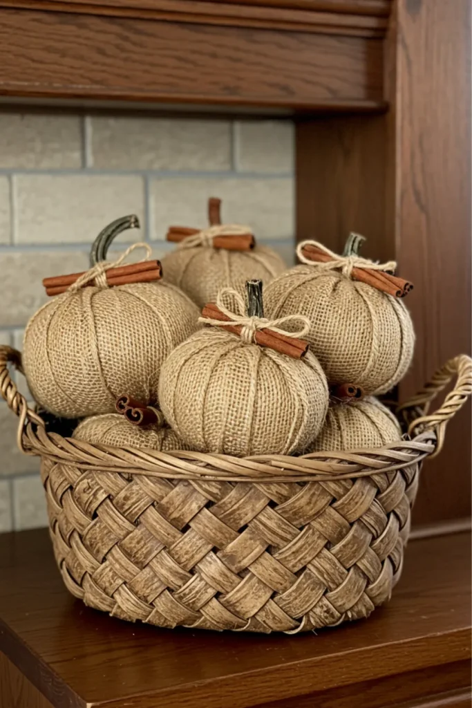 Rustic Burlap-Wrapped Pumpkin with Cinnamon Stems