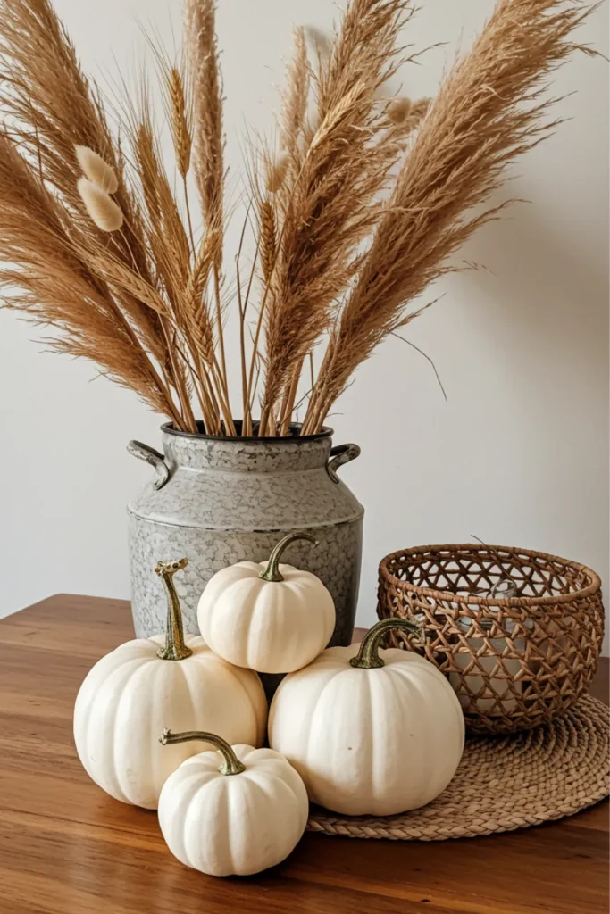 Airy White Pumpkins with Pampas Grass and Wheat