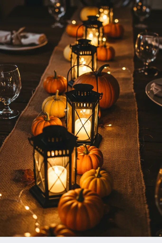 Lantern and Pumpkin Ensemble on a Jute Runner
