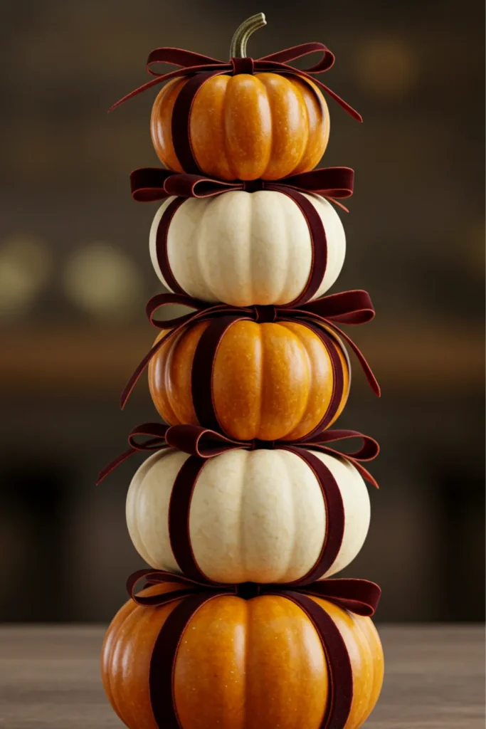 Stacked Pumpkin Tower Wrapped with Ribbon