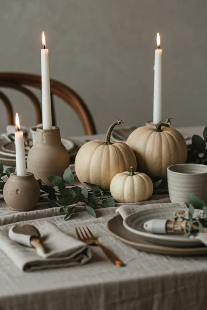 Soft Neutral Pumpkins with Gauzy Linen and Greenery