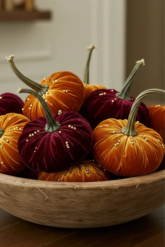 Luxurious Velvet Pumpkins in a Bowl with Gold Beads