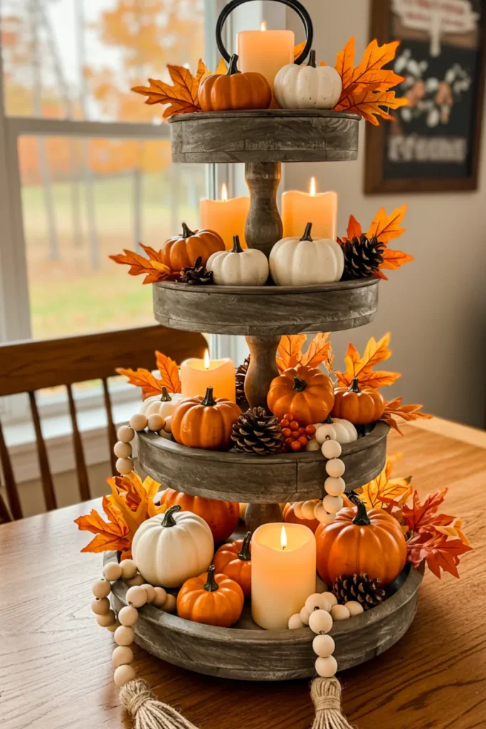 Tiered Tray Display with Pumpkins, Candles, and Wood Beads