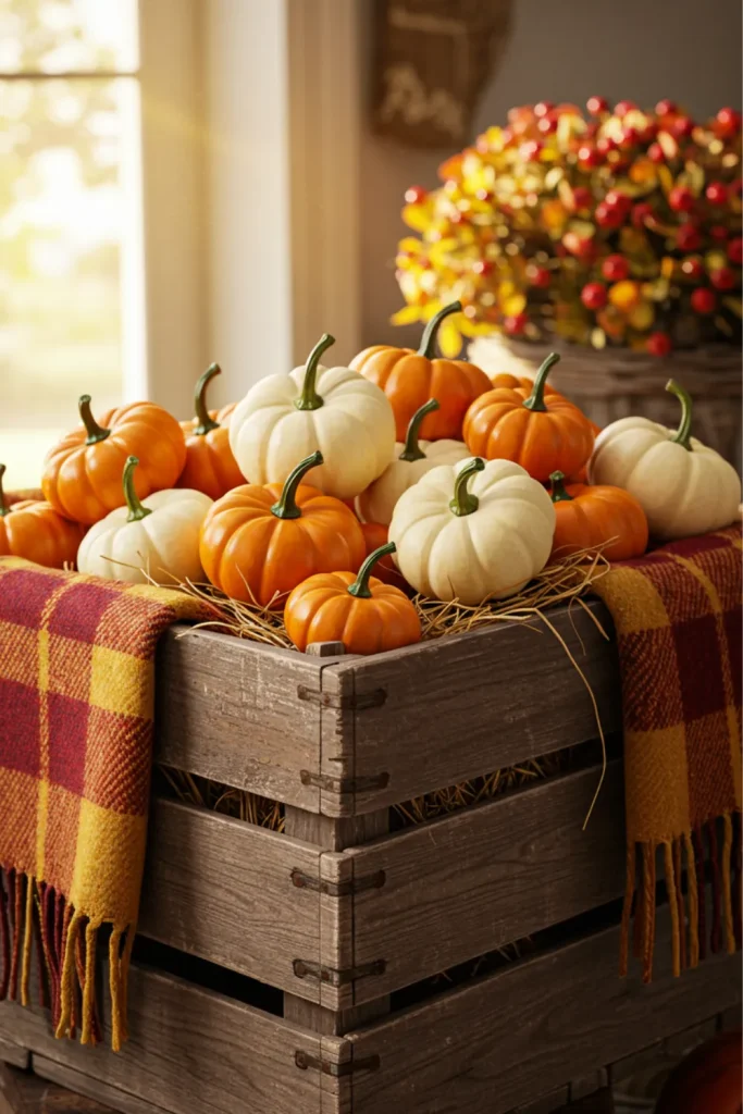 Rustic Wooden Crate Filled with Hay, Pumpkins & Plaid Cloth