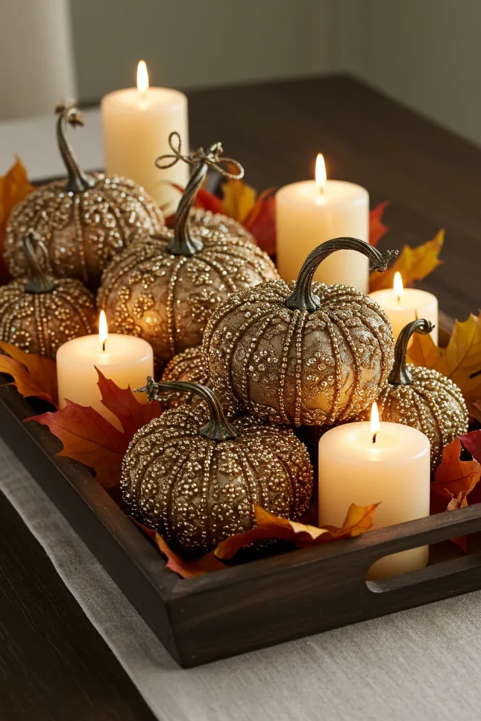 Beaded Pumpkin Accents with Dried Leaves and Candles