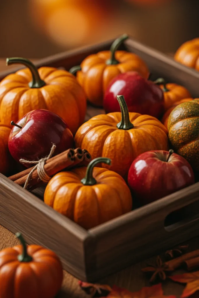 Autumnal Pumpkin and Apple Arrangement with Cinnamon Sticks