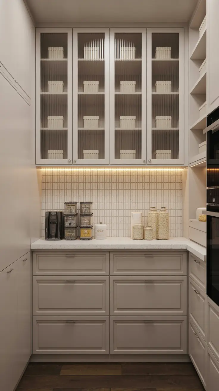 Modern Narrow Walk-In Pantry with Stylish Storage