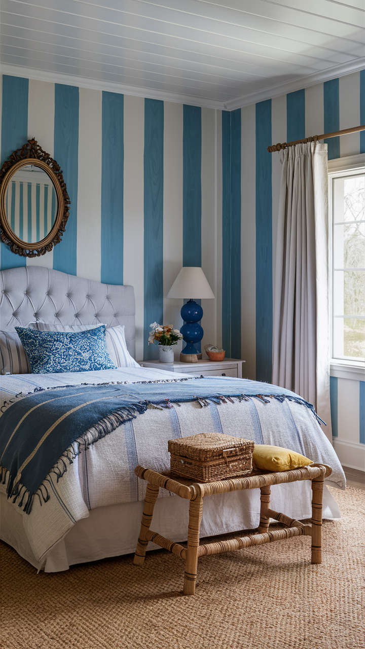 Blue and White Striped Coastal Bedroom