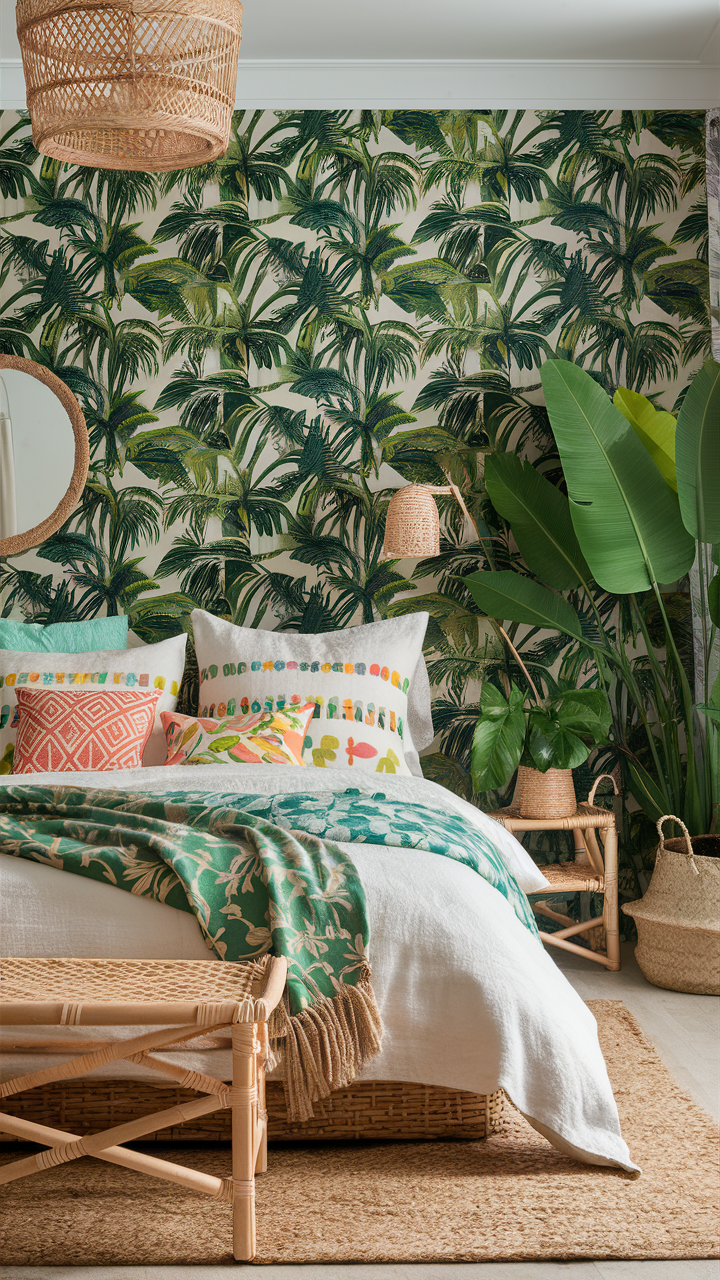 Tropical Coastal Bedroom with Palm Prints