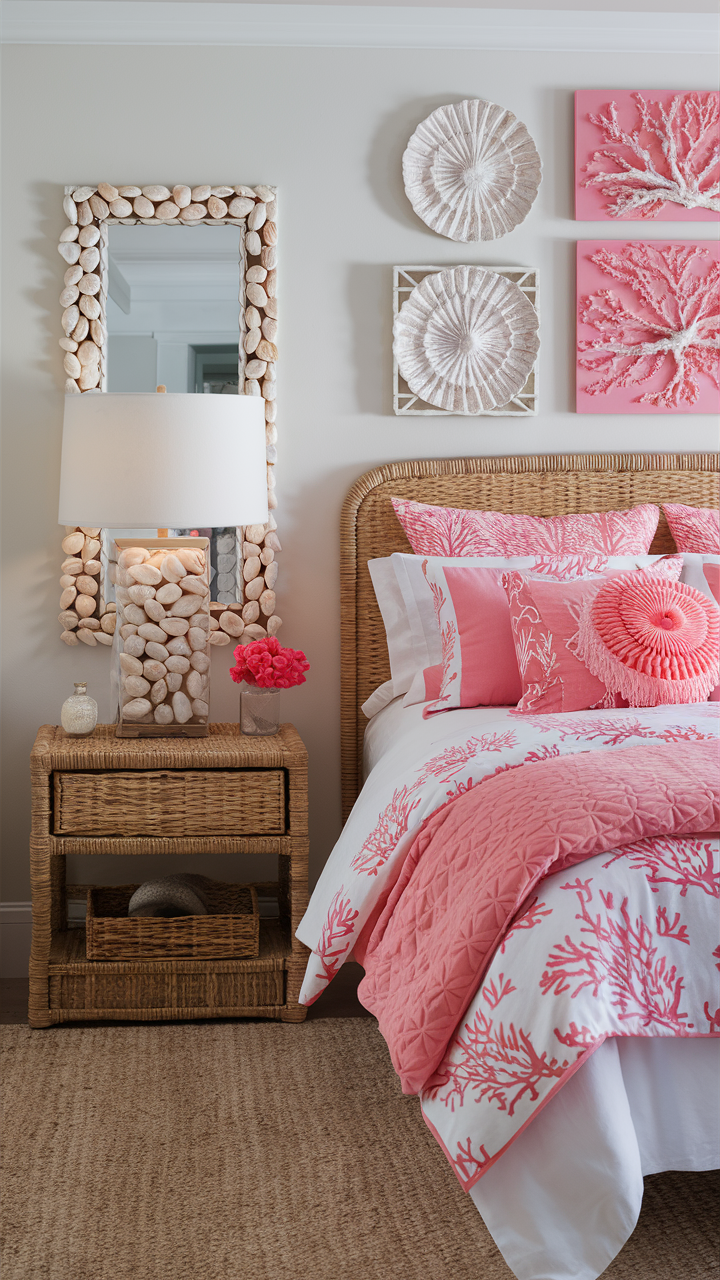 Coastal Bedroom with Coral and Shell Decor