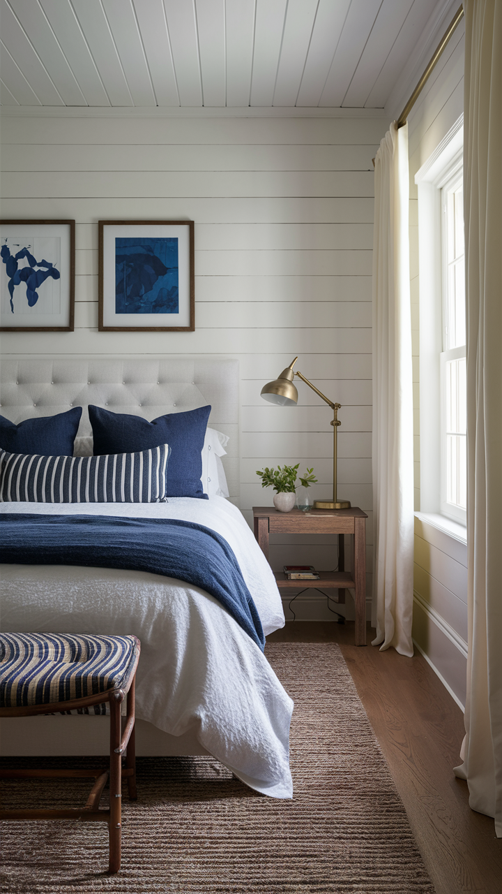 Classic Coastal Bedroom with Navy Accents