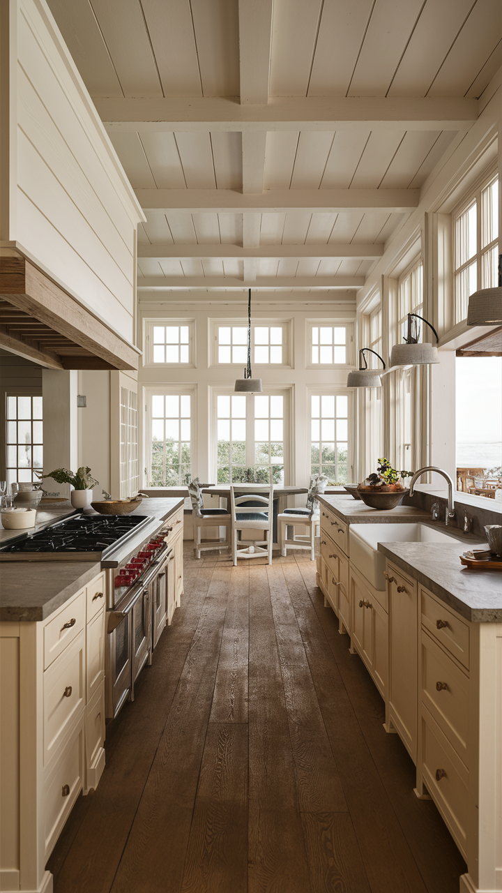 Coastal Open Kitchen with White Cabinets and Natural Elements