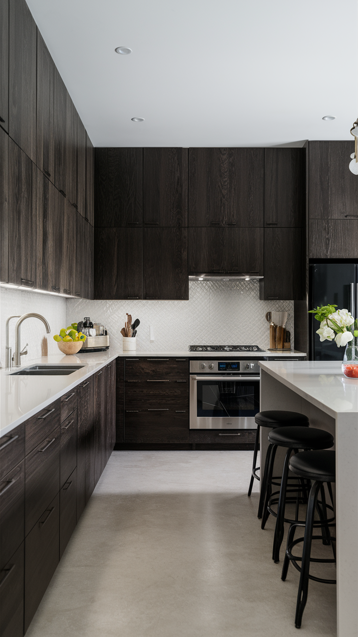 High-Contrast Open Kitchen with Dark Cabinets and Light Countertops